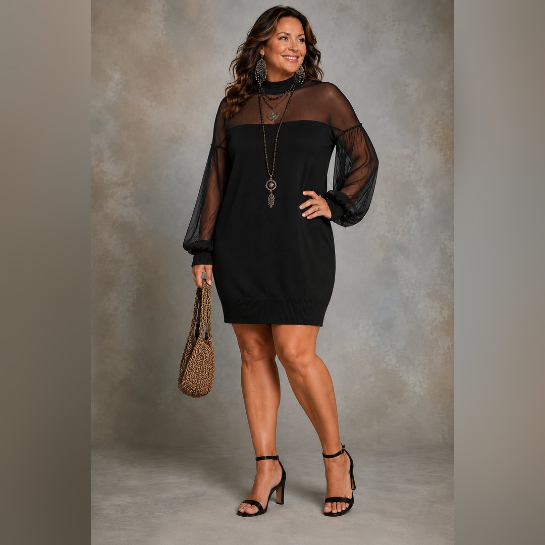 Rosemarie | Women's Black Mesh Sleeve Mini Dress