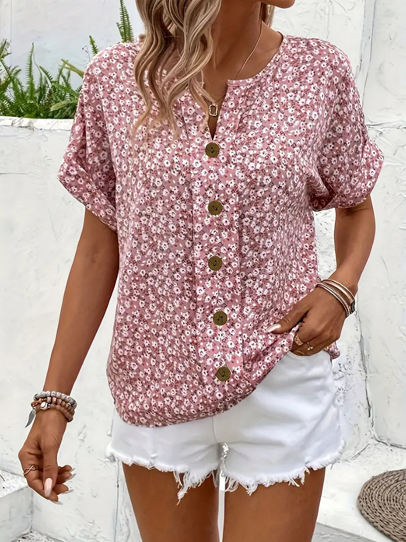 Iola | Women's Short Sleeve Floral Button-Front Blouse