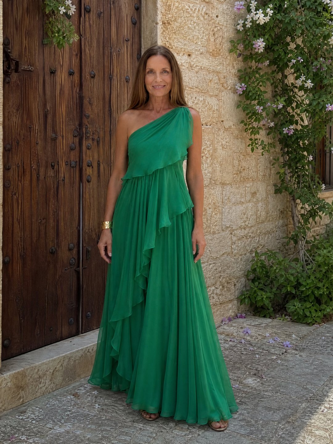 Isobel | Women's One-Shoulder Chiffon Maxi Dress in Emerald Green