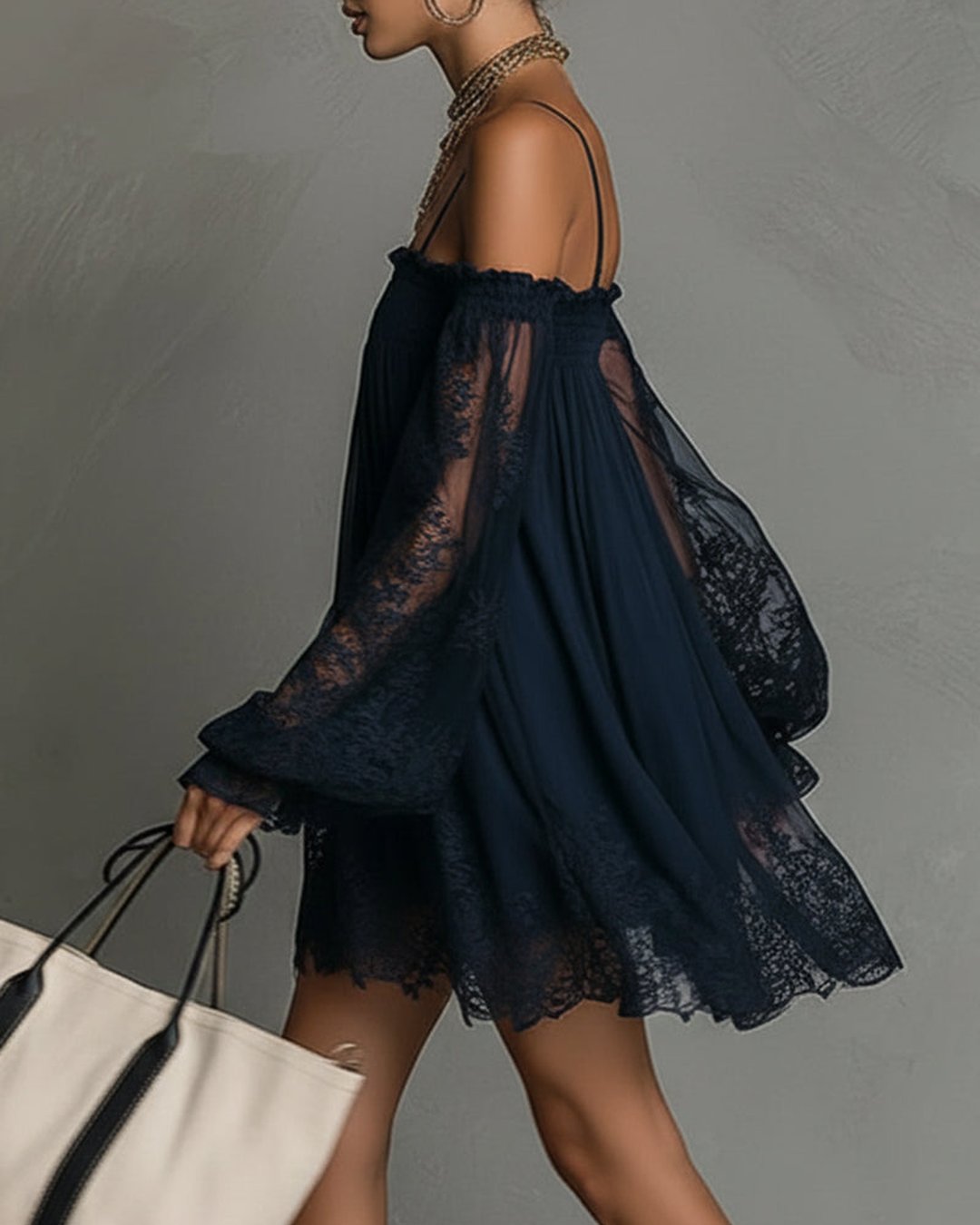 Persephonie | Women's Navy Lace Chiffon Mini Dress