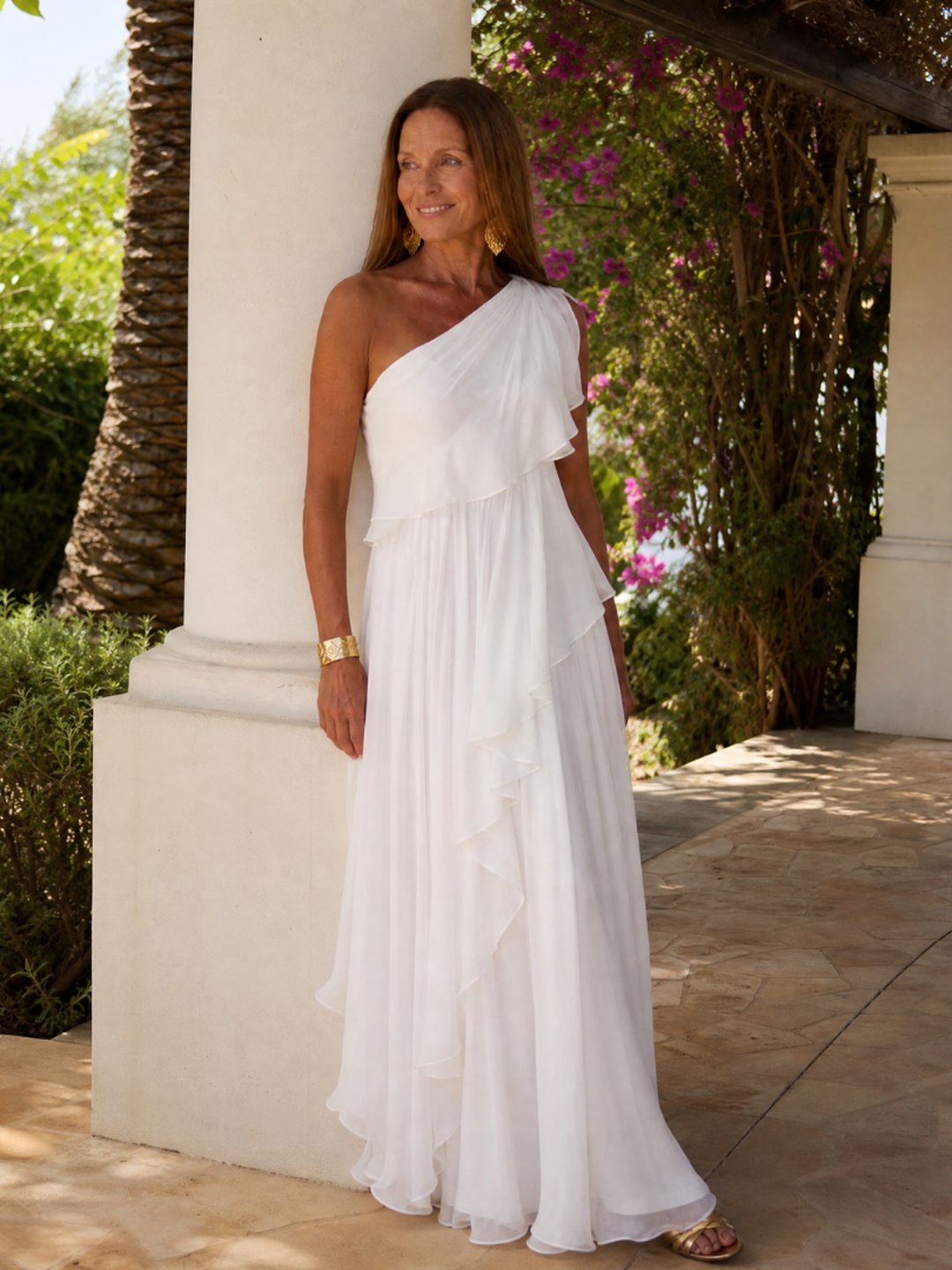 Isobel | Women's One-Shoulder Chiffon Maxi Dress in Emerald Green