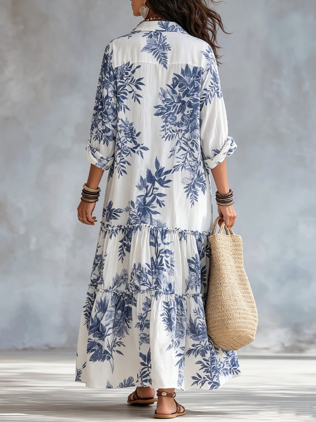 Nilda | Women's Blue Floral Button-Down Maxi Dress with Long Sleeves