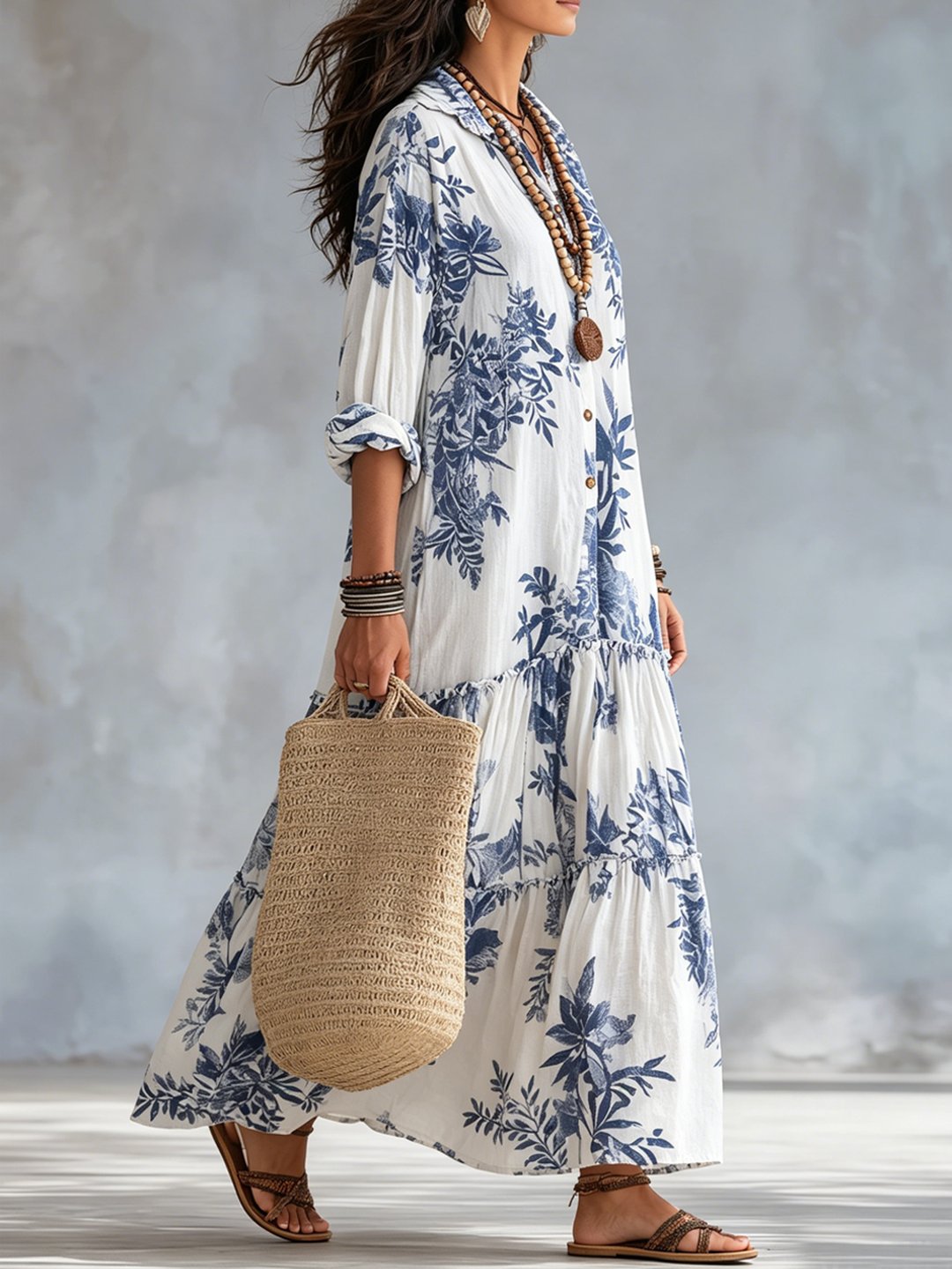 Nilda | Women's Blue Floral Button-Down Maxi Dress with Long Sleeves