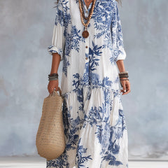 Nilda | Women's Blue Floral Button-Down Maxi Dress with Long Sleeves