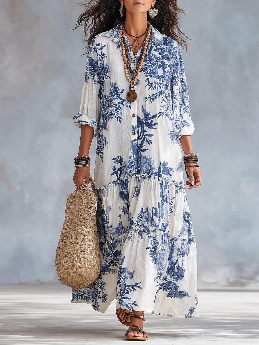 Nilda | Women's Blue Floral Button-Down Maxi Dress with Long Sleeves