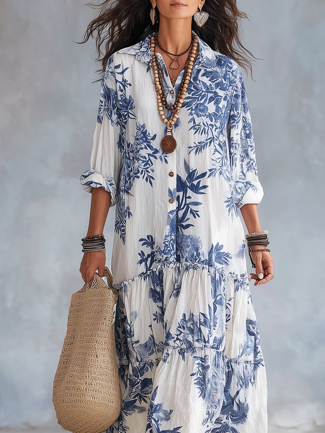 Nilda | Women's Blue Floral Button-Down Maxi Dress with Long Sleeves