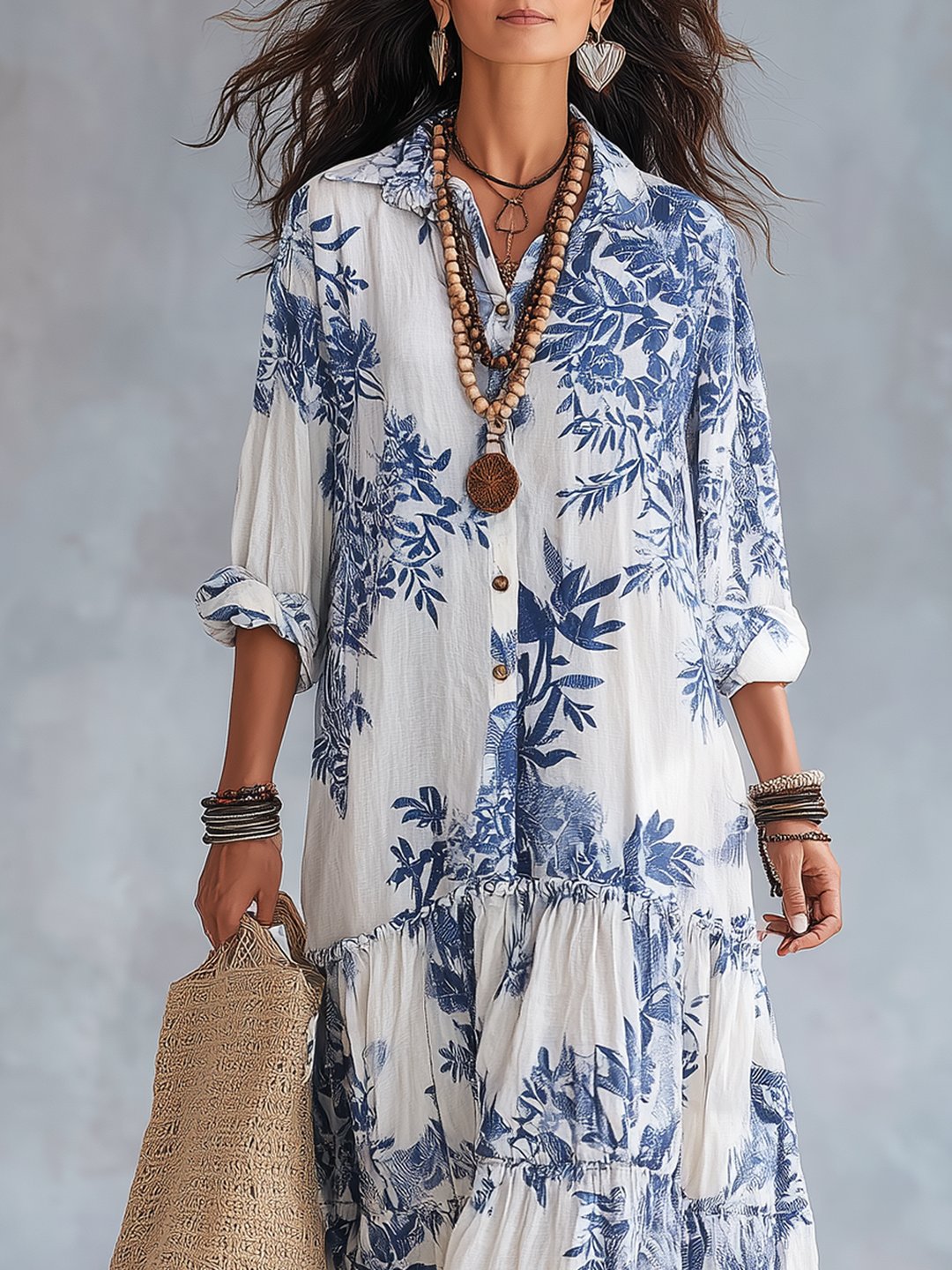 Nilda | Women's Blue Floral Button-Down Maxi Dress with Long Sleeves