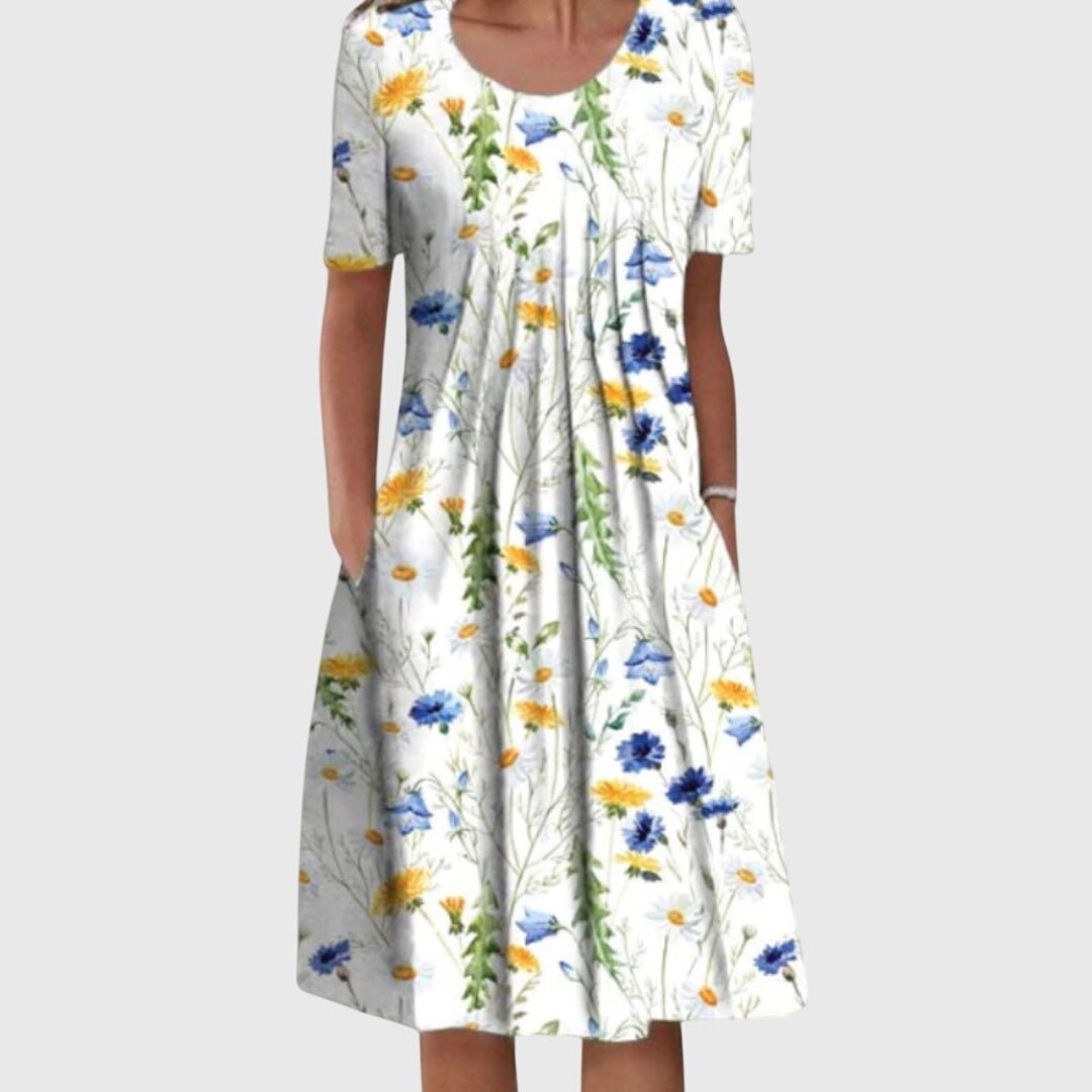 Tosha | Women's Floral Round Neck Dress in Red and Yellow Florals