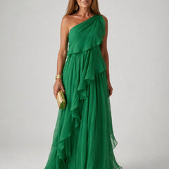 Isobel | Women's One-Shoulder Chiffon Maxi Dress in Emerald Green