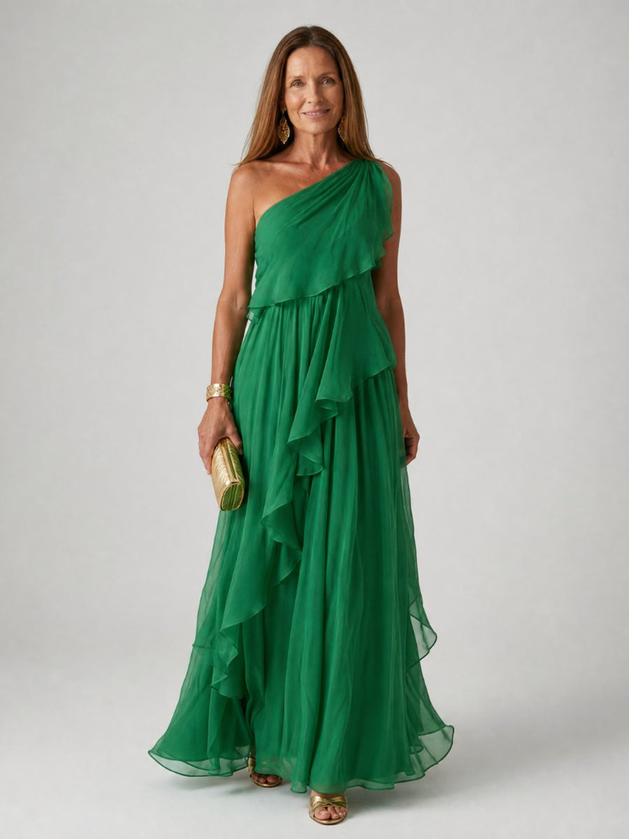 Isobel | Women's One-Shoulder Chiffon Maxi Dress in Emerald Green
