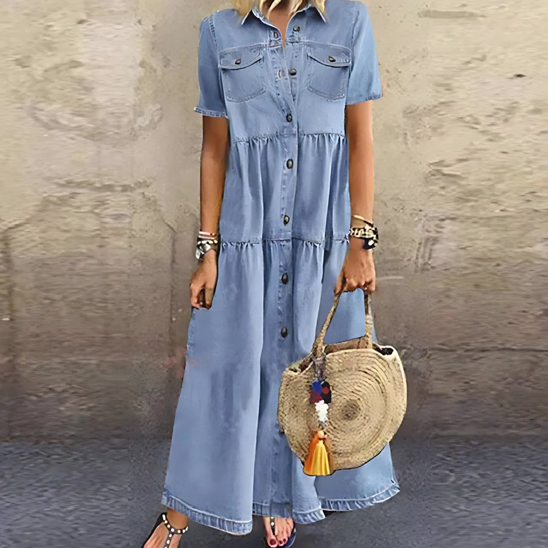 Filomena | Women's Classic Dress in Sky Blue and Dark Blue