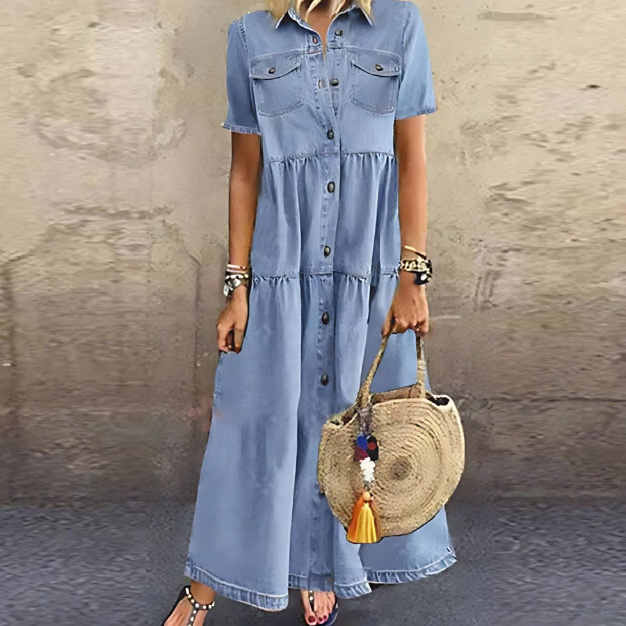 Filomena | Women's Classic Dress in Sky Blue and Dark Blue