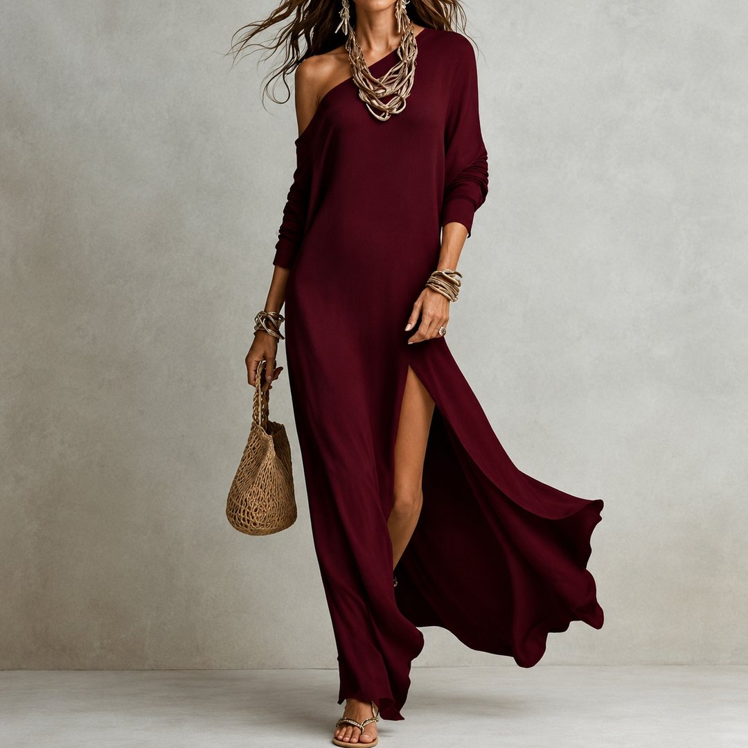 Ilana | Christmas Party Dress, One Shoulder Maxi with Leg Slit