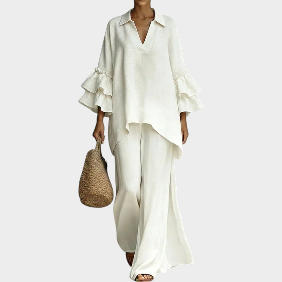 Imogen | Linen Co-ord Set for Women, Ruffle Sleeve Top and Wide Leg Pants