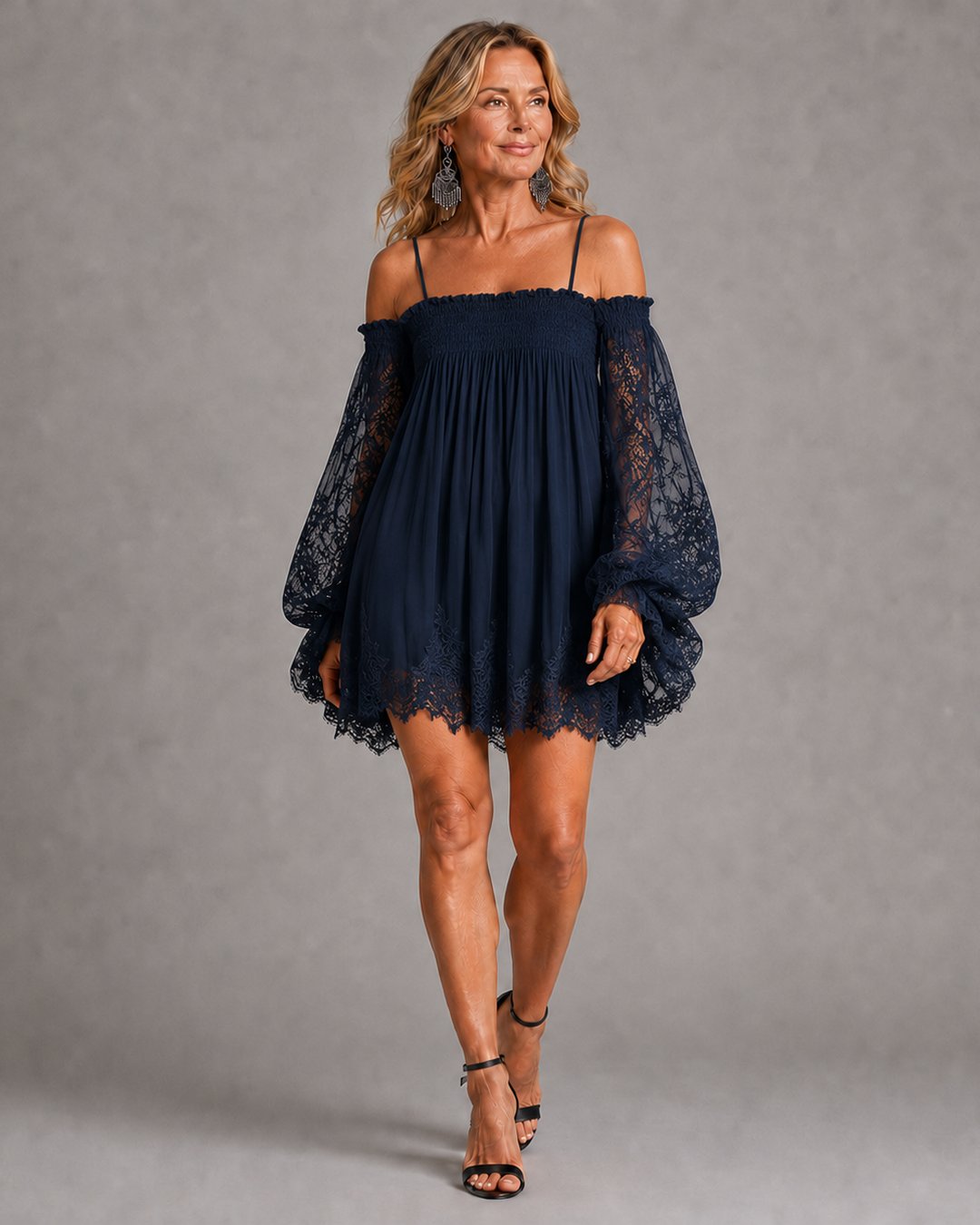 Persephonie | Women's Navy Lace Chiffon Mini Dress