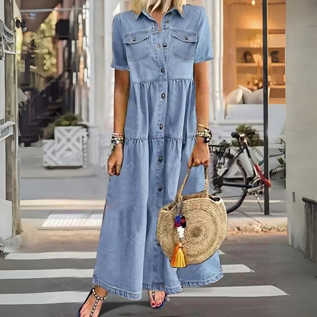 Filomena | Women's Classic Dress in Sky Blue and Dark Blue