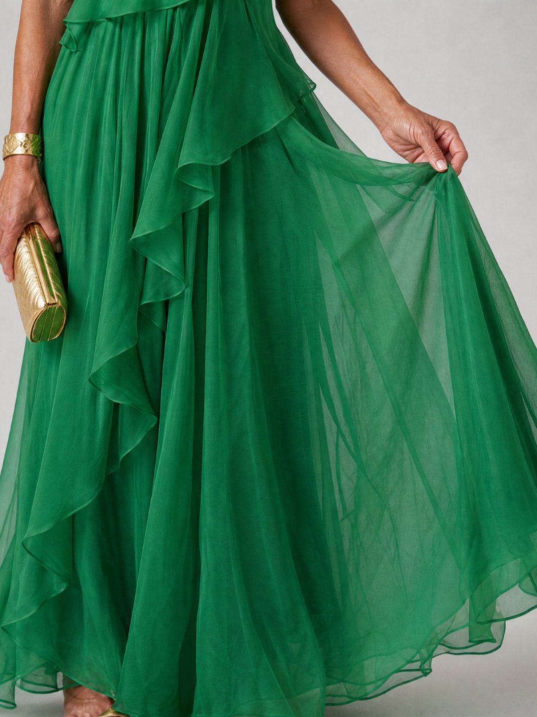 Isobel | Women's One-Shoulder Chiffon Maxi Dress in Emerald Green