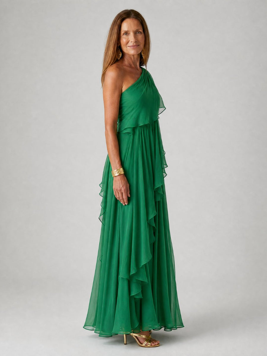 Isobel | Women's One-Shoulder Chiffon Maxi Dress in Emerald Green