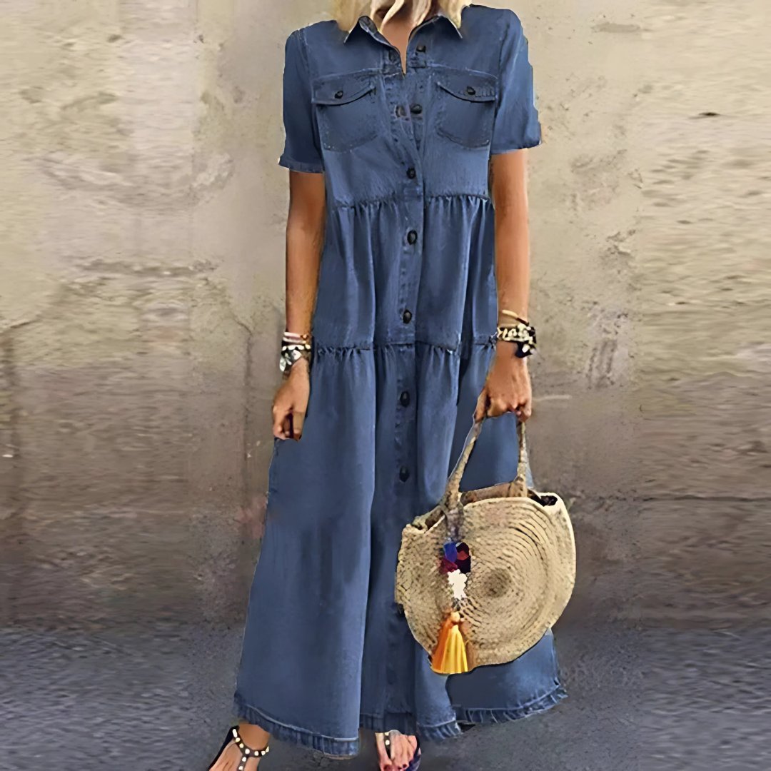 Filomena | Women's Classic Dress in Sky Blue and Dark Blue