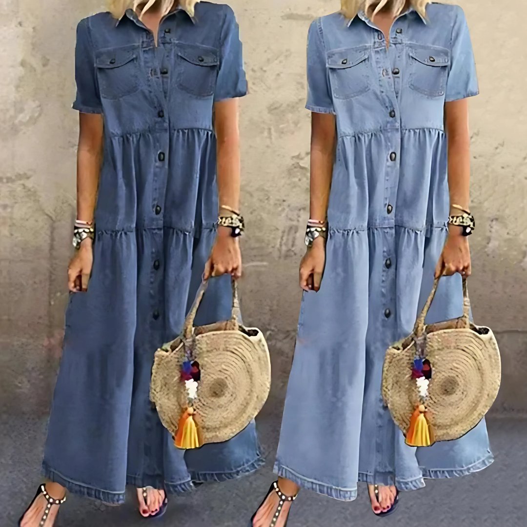 Filomena | Women's Classic Dress in Sky Blue and Dark Blue