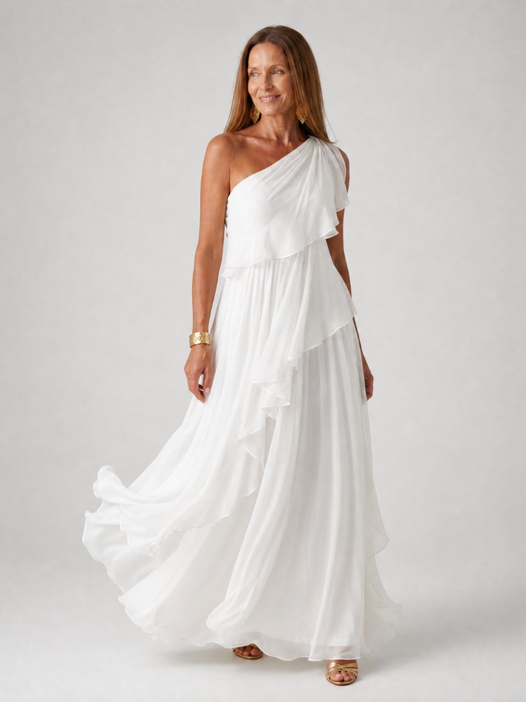 Isobel | Women's One-Shoulder Chiffon Maxi Dress in Emerald Green
