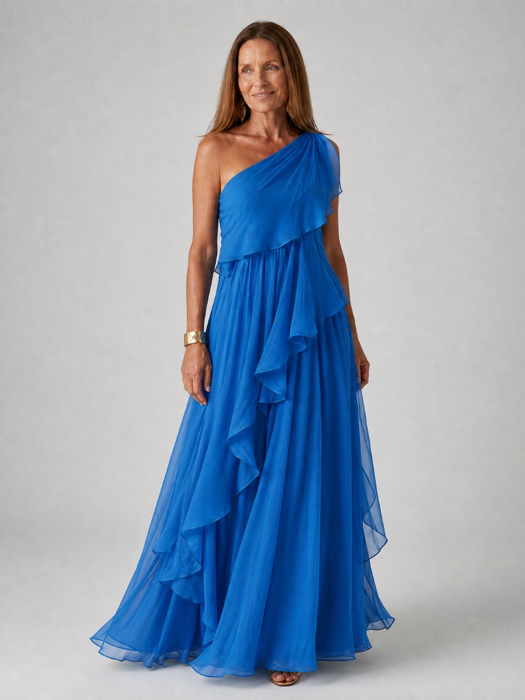 Isobel | Women's One-Shoulder Chiffon Maxi Dress in Emerald Green