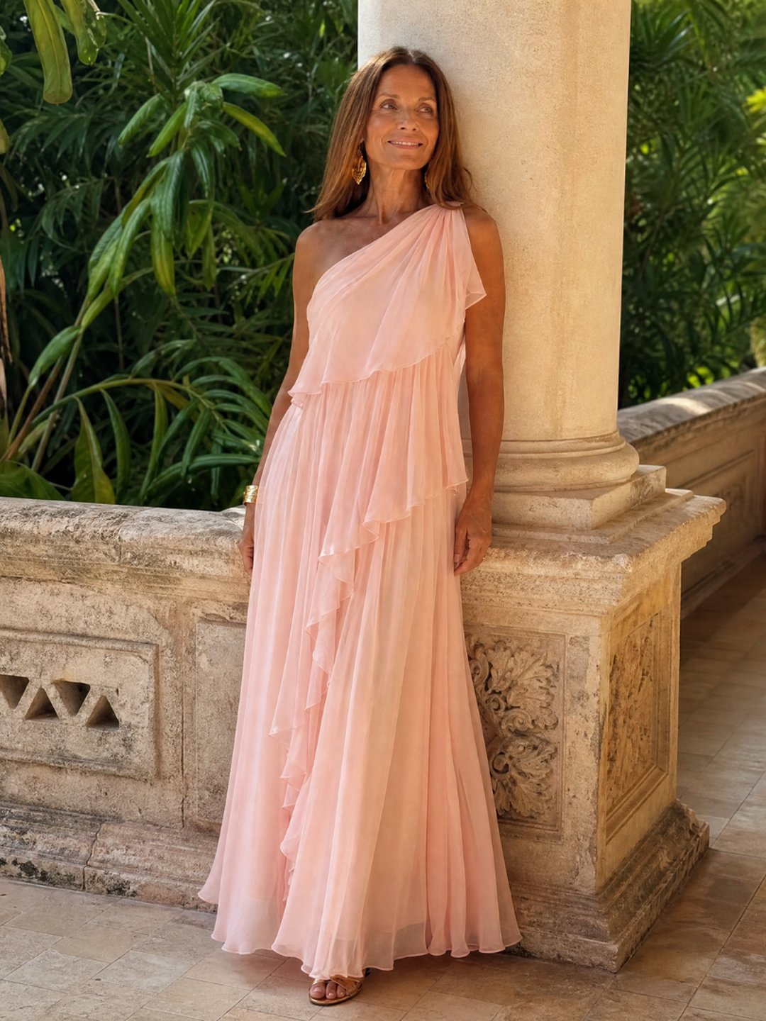 Isobel | Women's One-Shoulder Chiffon Maxi Dress in Emerald Green