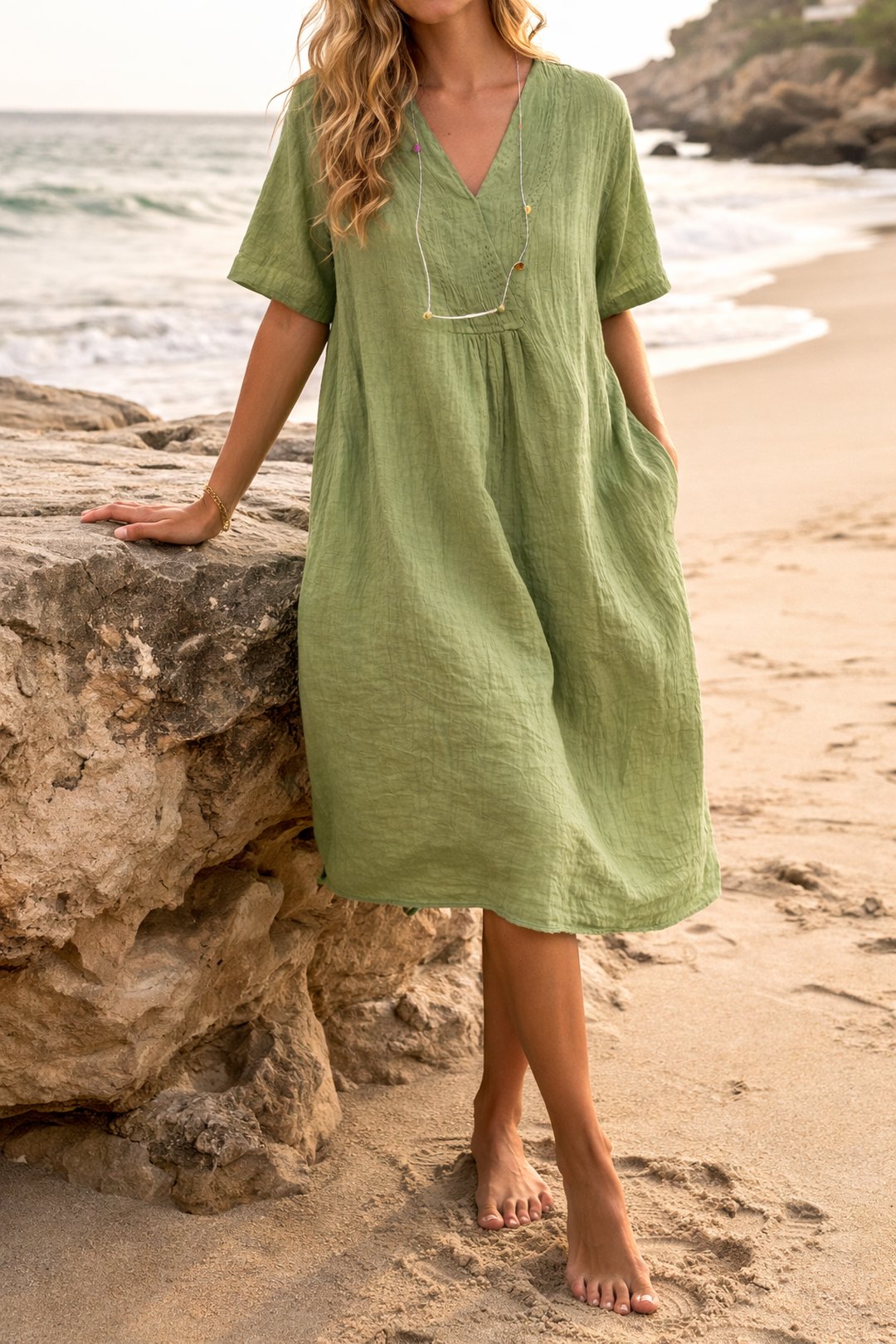 Sandy | Women's Relaxed Linen-Look V-Neck Midi Dress