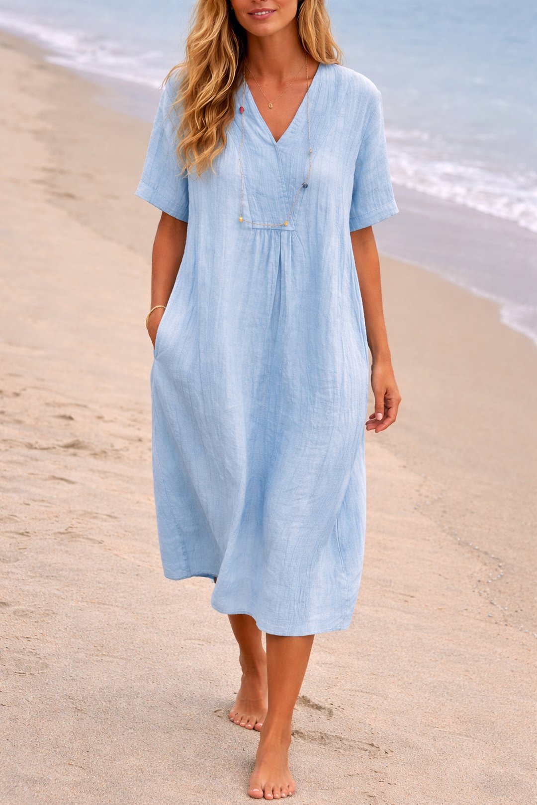 Sandy | Women's Relaxed Linen-Look V-Neck Midi Dress