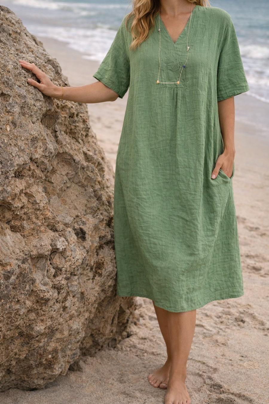Sandy | Women's Relaxed Linen-Look V-Neck Midi Dress