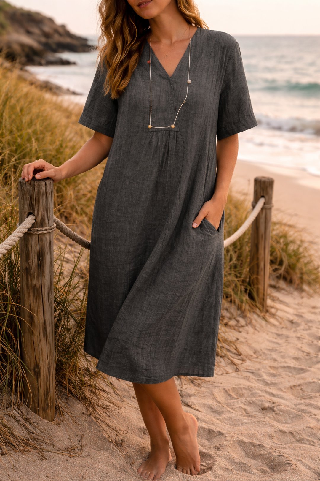 Sandy | Women's Relaxed Linen-Look V-Neck Midi Dress