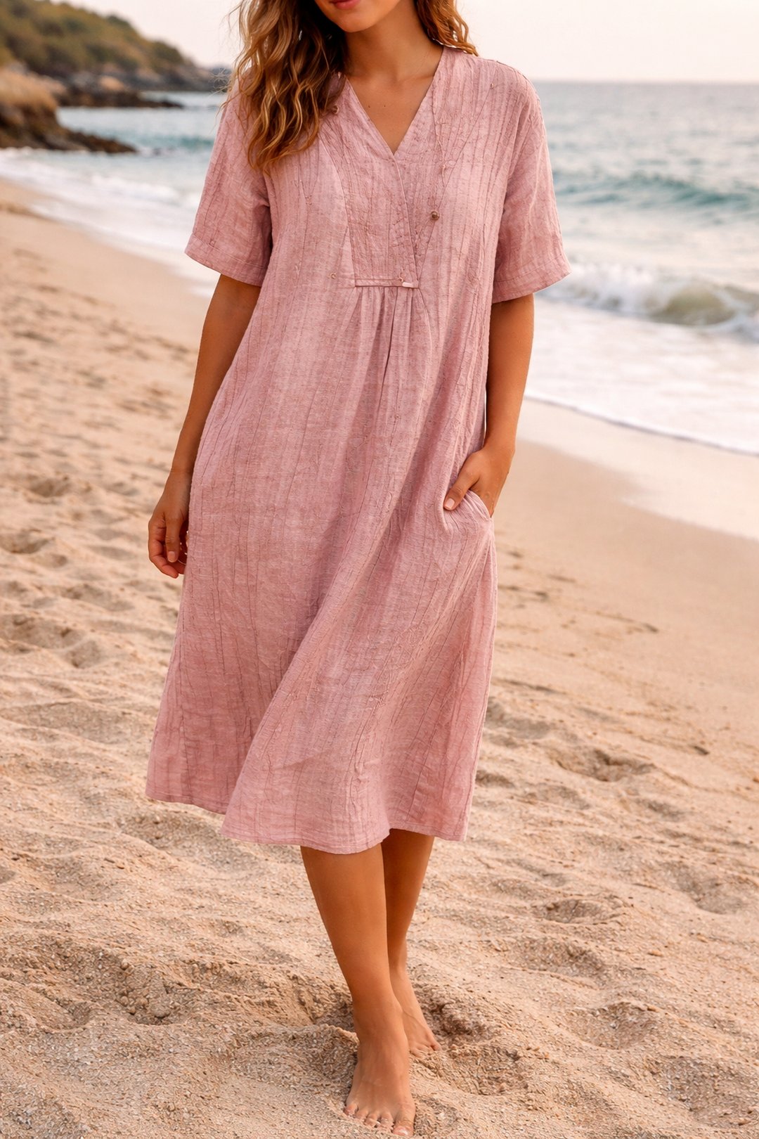 Sandy | Women's Relaxed Linen-Look V-Neck Midi Dress
