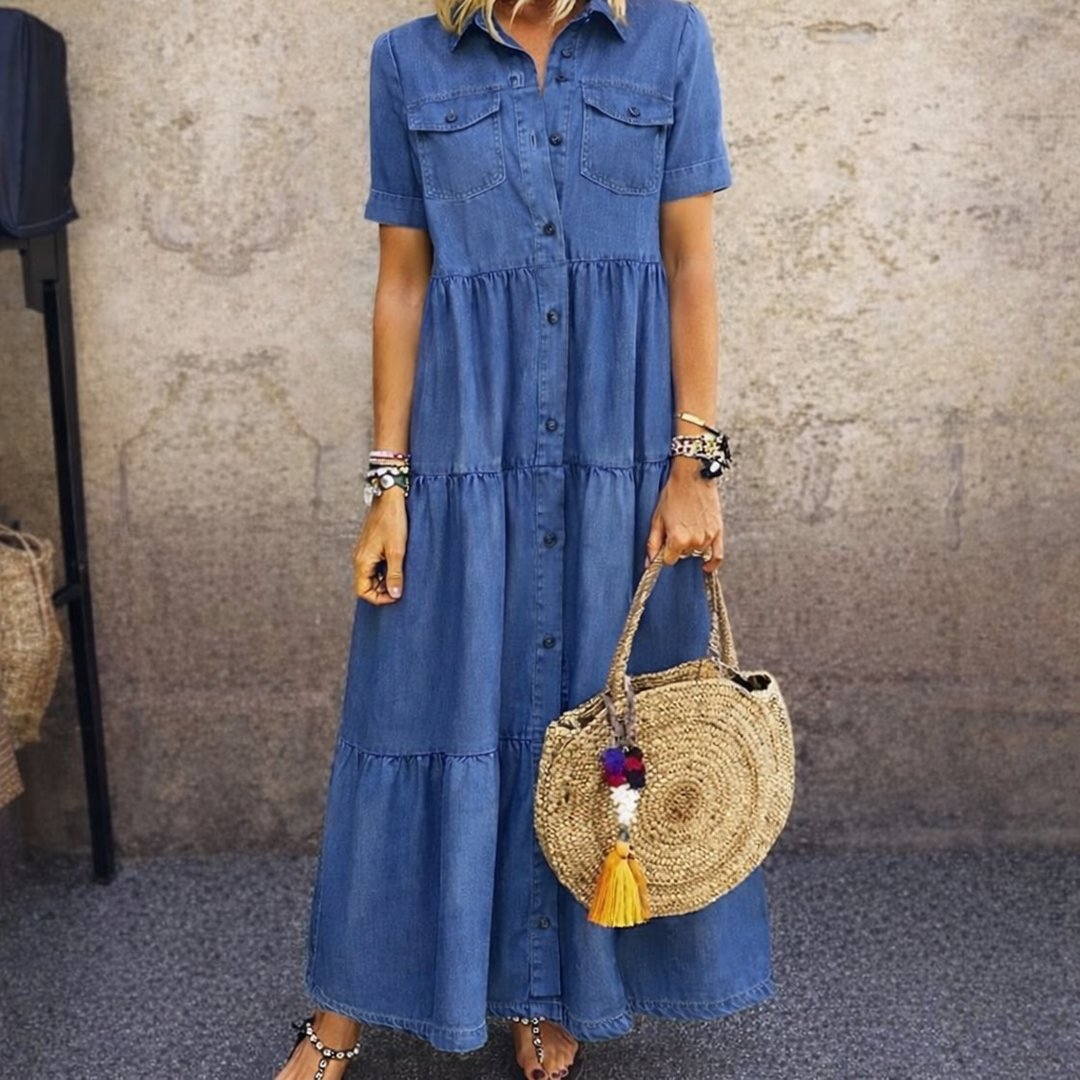 Gerda | Women's Sky Blue Button-Front Midi Shirt Dress