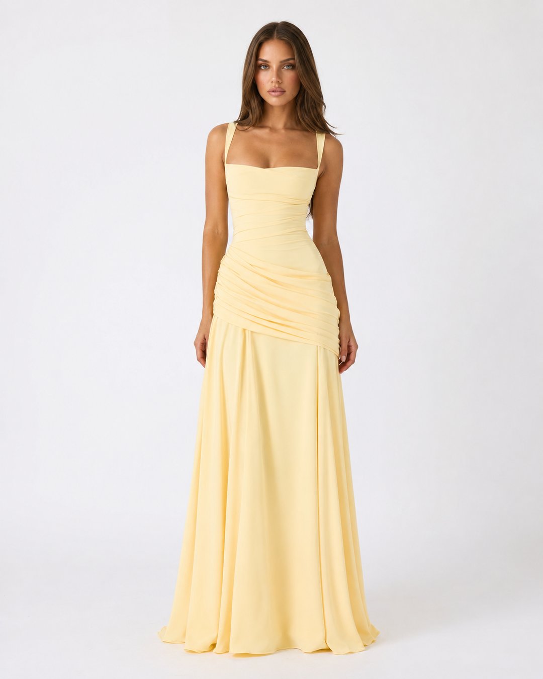 Phoebe | Women's Ruched Square Neck Maxi Dress in Golden Yellow