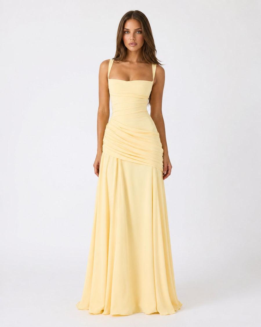 Phoebe | Women's Ruched Square Neck Maxi Dress in Golden Yellow