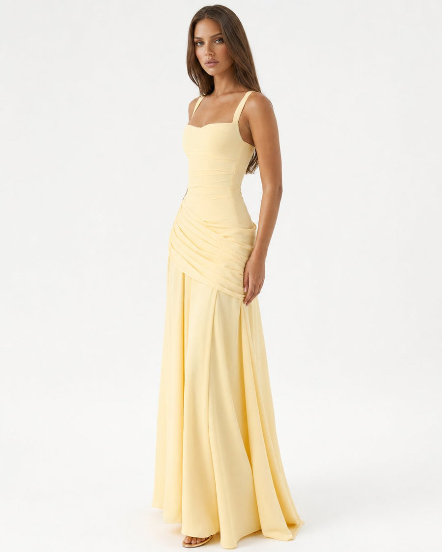 Phoebe | Women's Ruched Square Neck Maxi Dress in Golden Yellow