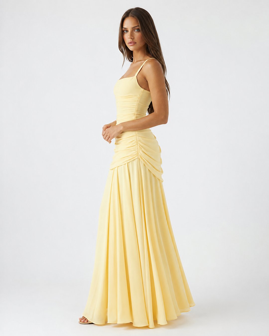 Phoebe | Women's Ruched Square Neck Maxi Dress in Golden Yellow
