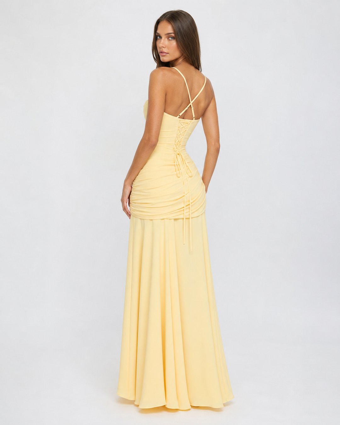 Phoebe | Women's Ruched Square Neck Maxi Dress in Golden Yellow