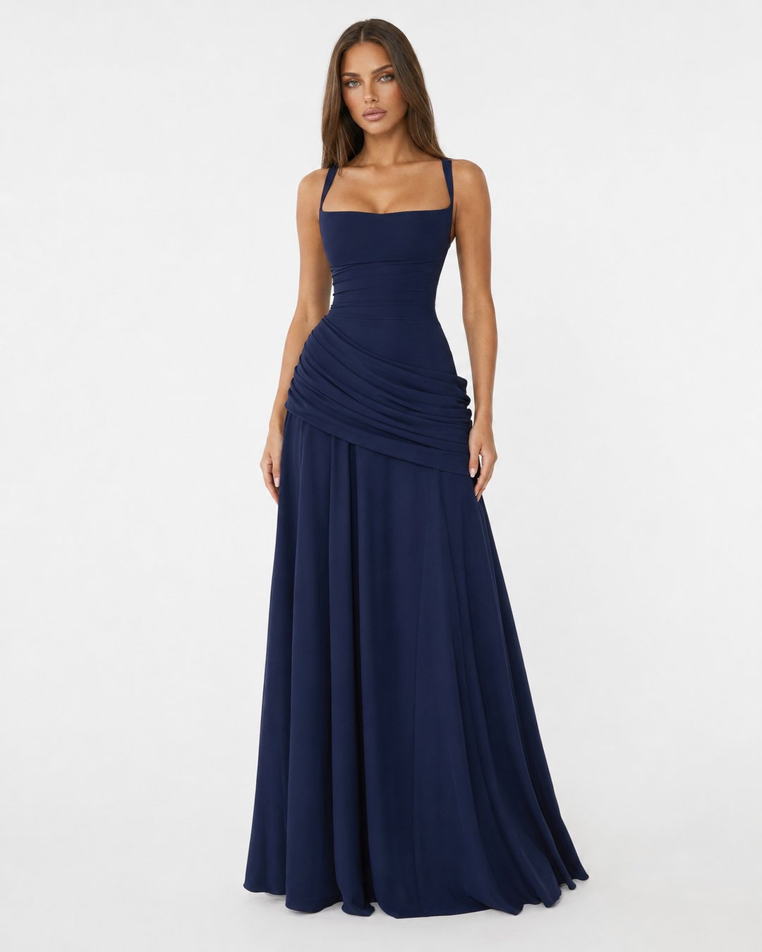 Phoebe | Women's Ruched Square Neck Maxi Dress in Golden Yellow