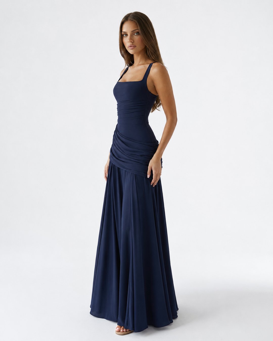 Phoebe | Women's Ruched Square Neck Maxi Dress in Golden Yellow