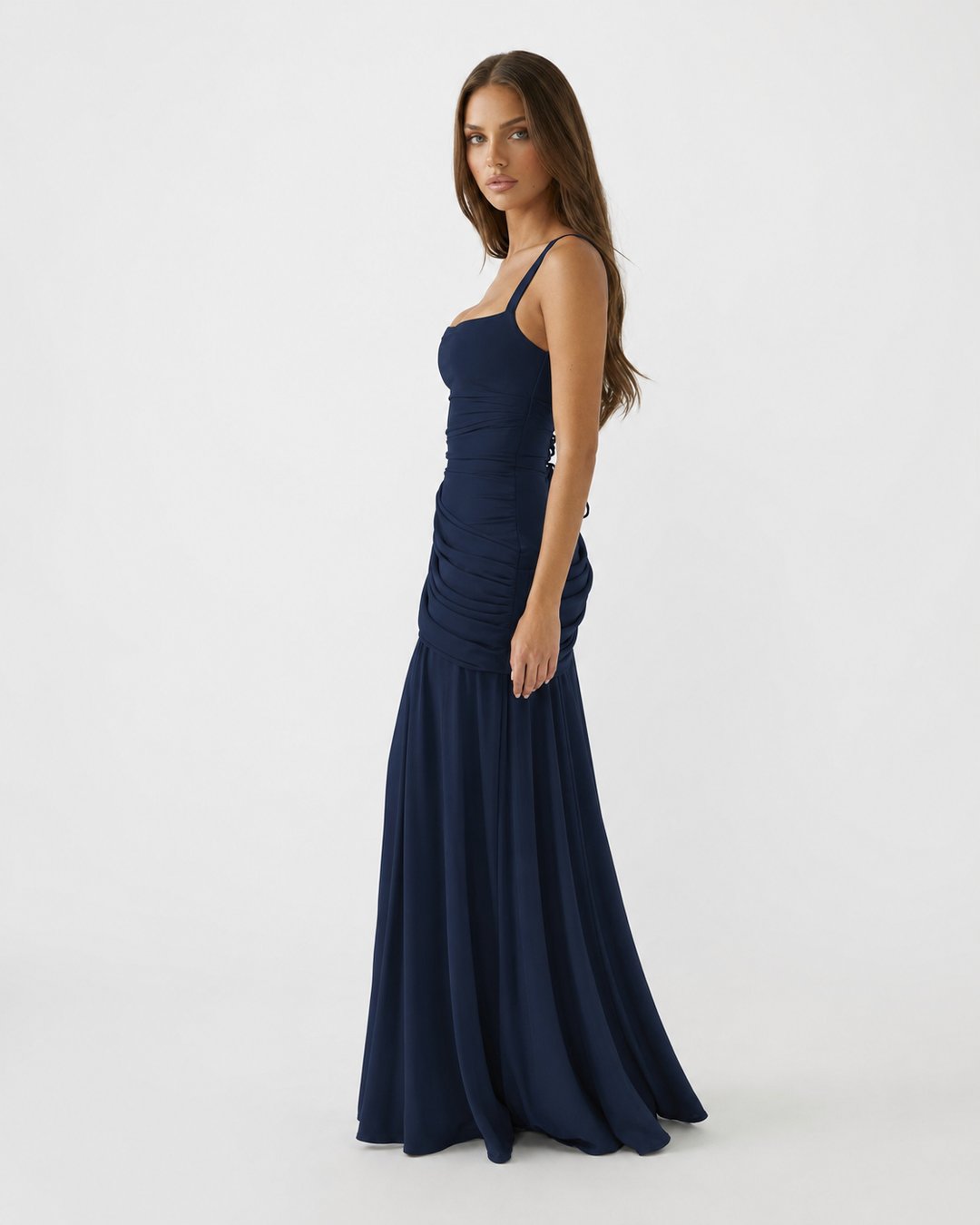 Phoebe | Women's Ruched Square Neck Maxi Dress in Golden Yellow