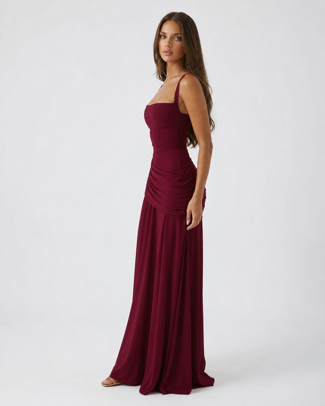Phoebe | Women's Ruched Square Neck Maxi Dress in Golden Yellow