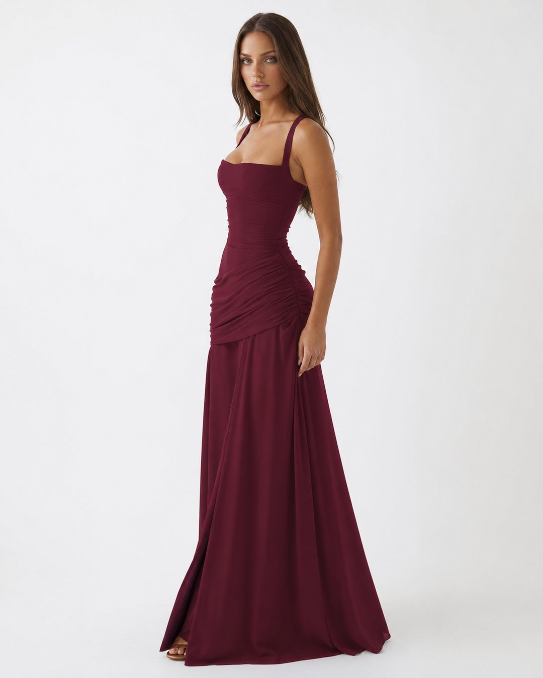 Phoebe | Women's Ruched Square Neck Maxi Dress in Golden Yellow