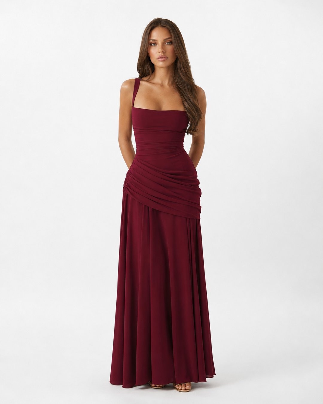 Phoebe | Women's Ruched Square Neck Maxi Dress in Golden Yellow