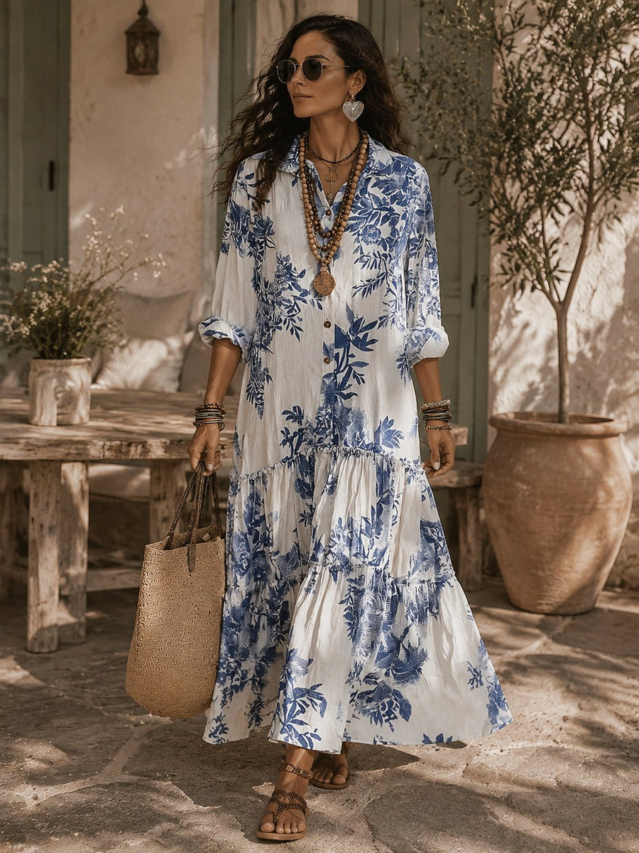Nilda | Women's Blue Floral Button-Down Maxi Dress with Long Sleeves
