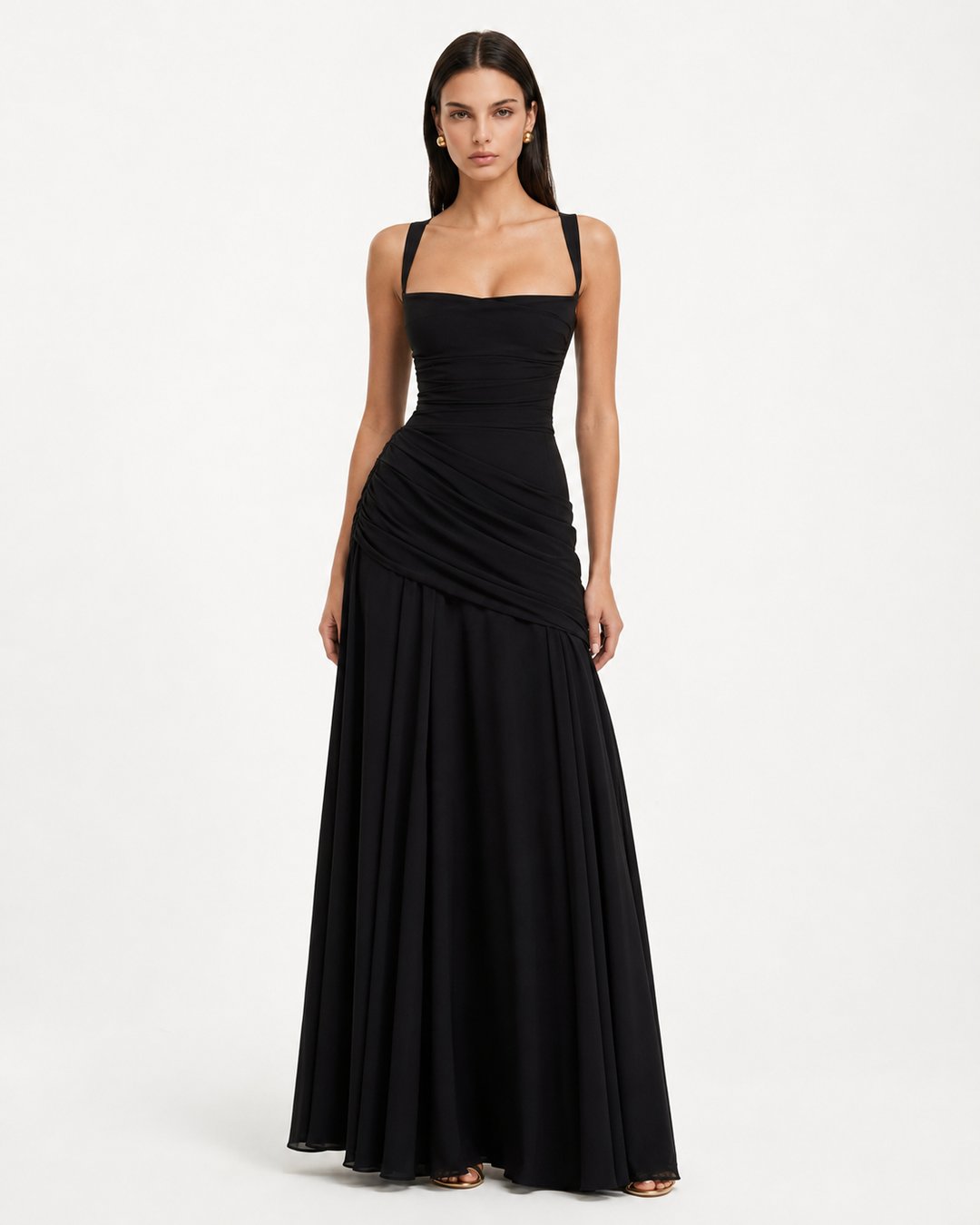 Phoebe | Women's Ruched Square Neck Maxi Dress in Golden Yellow