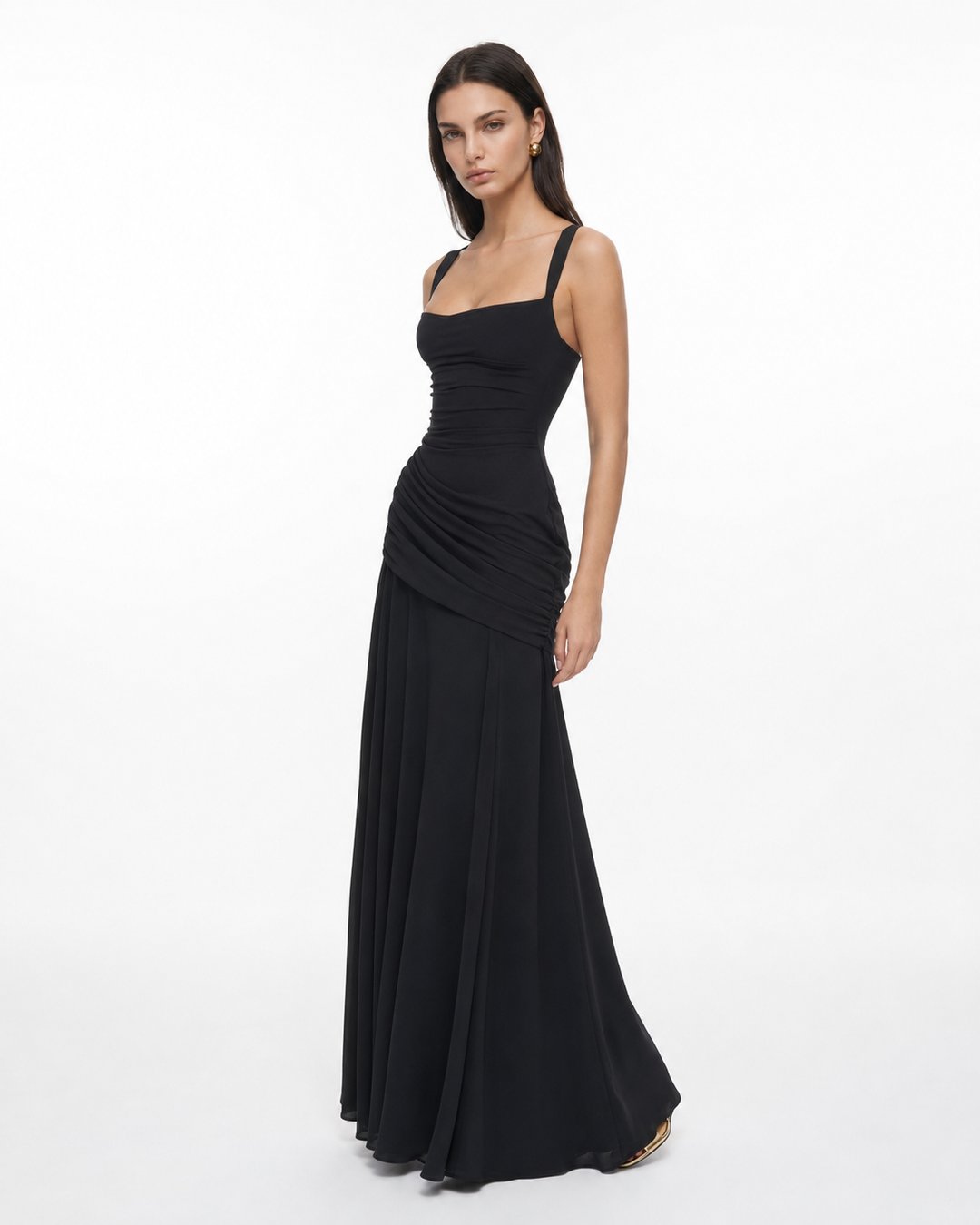 Phoebe | Women's Ruched Square Neck Maxi Dress in Golden Yellow