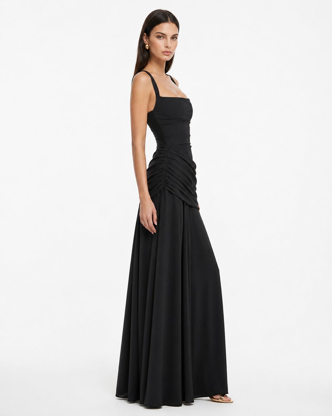 Phoebe | Women's Ruched Square Neck Maxi Dress in Golden Yellow