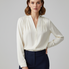 Charlotte Walker | Women's Pleated V-Neck Satin-Look Long Sleeve Blouse