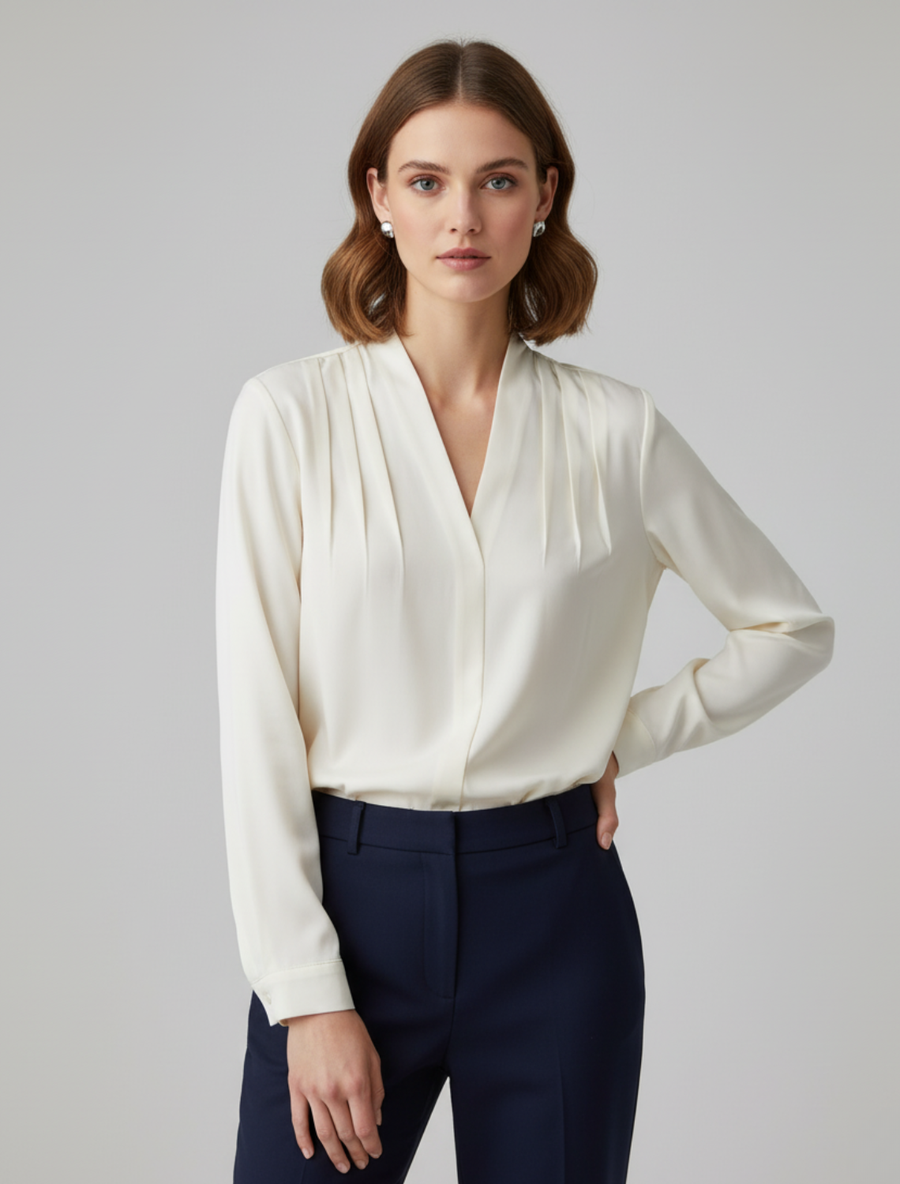 Charlotte Walker | Women's Pleated V-Neck Satin-Look Long Sleeve Blouse